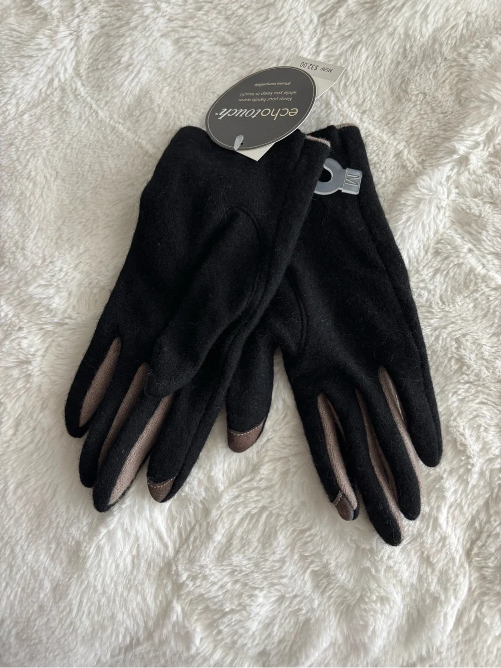 Echo Design Wool Blend Gloves Size Medium NEW Black Mobile Touch Compatible